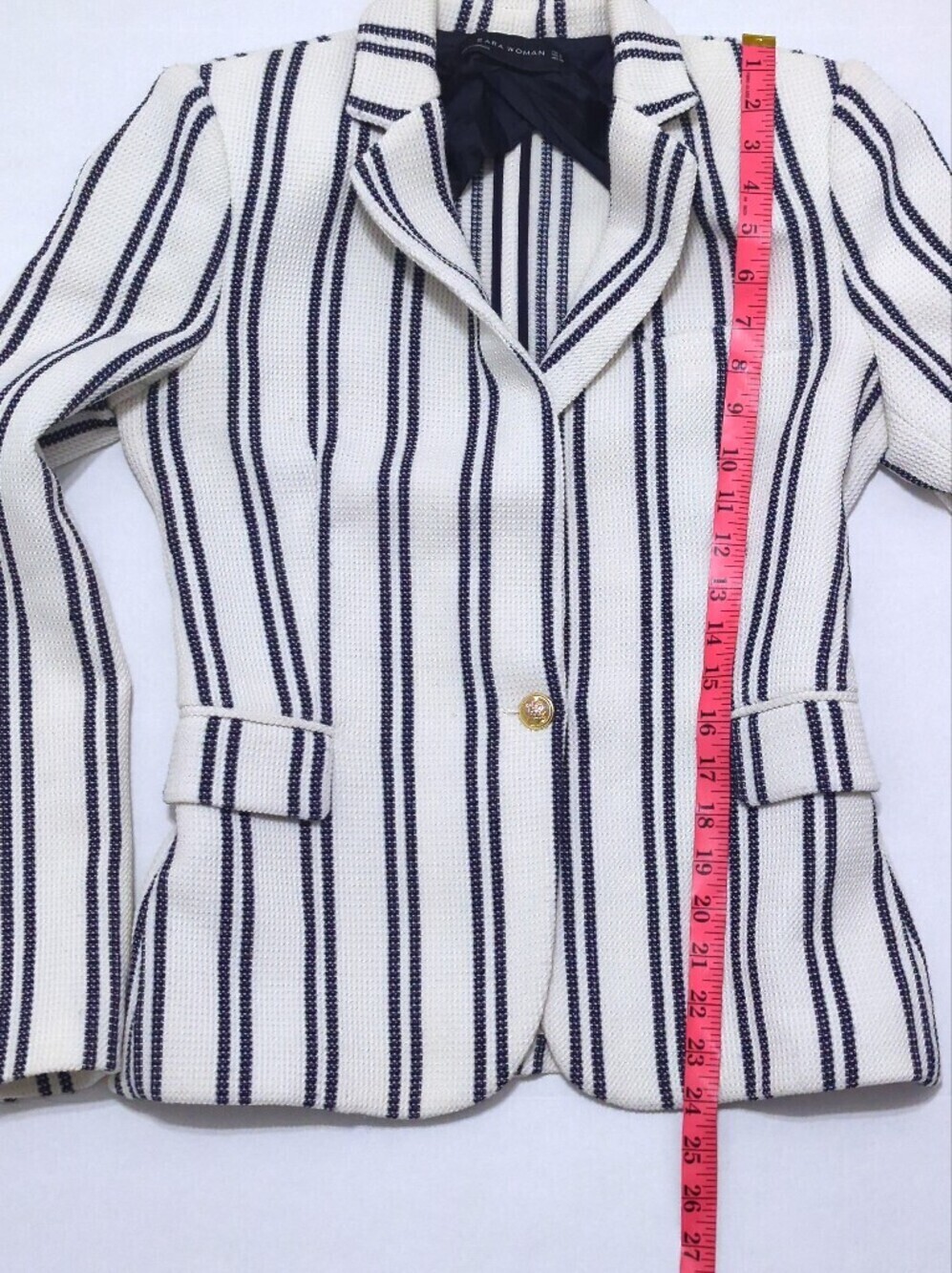 Zara Textured Knit Striped Blazer XS Ivory Navy Gold Button Nautical Preppy - Picture 12 of 12